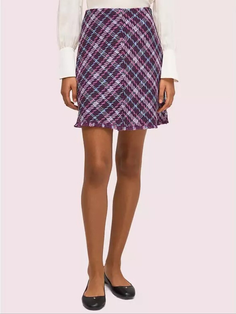 Kate Spade plaid tweed skirt purple metallic shimmer fringe mini size 2